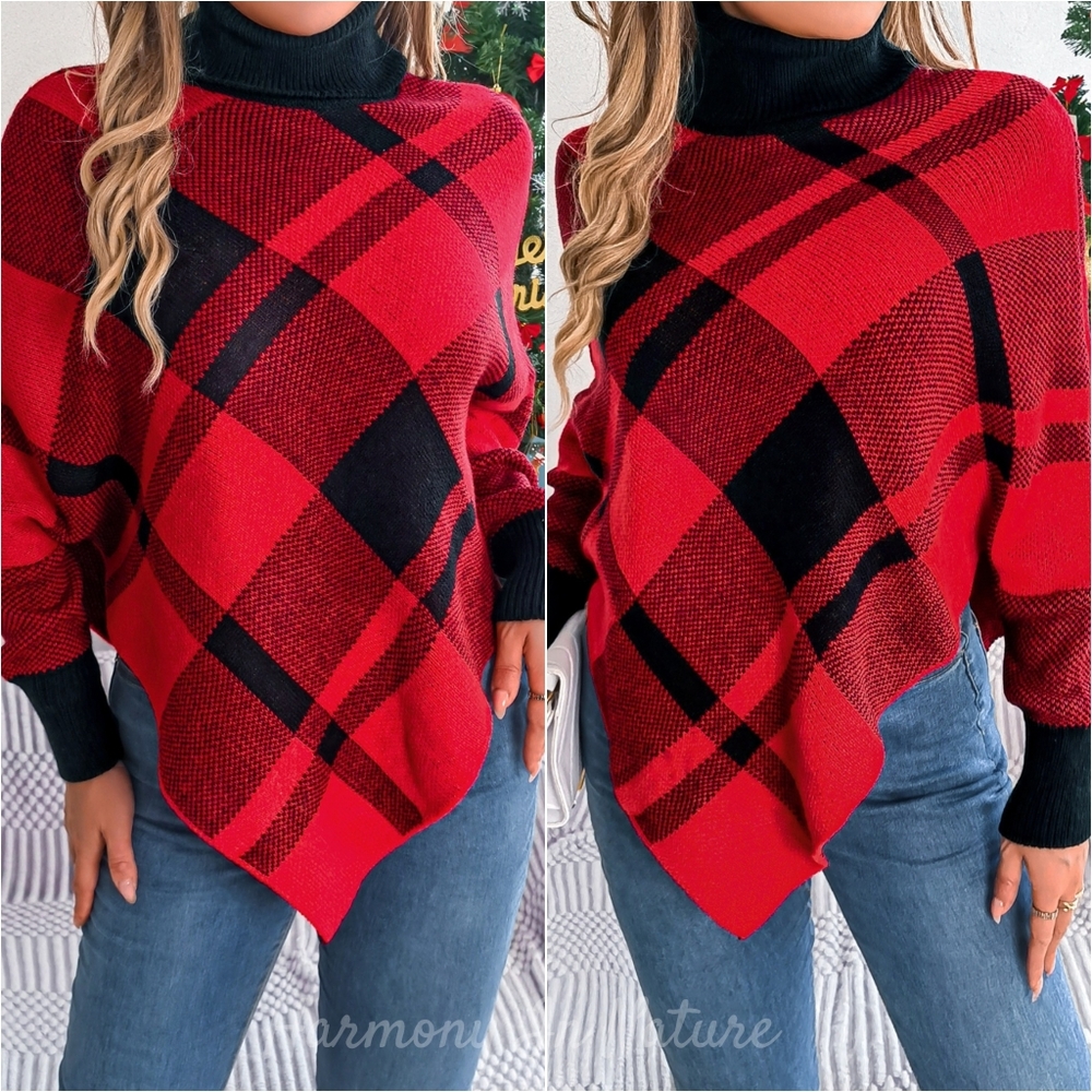 Isabelle Plaid Batwing Sweater - Red